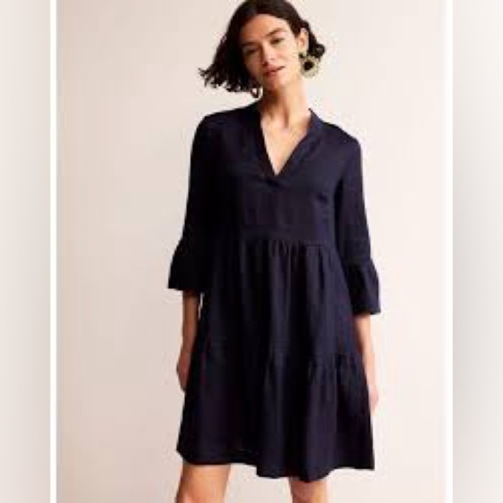 Boden Sophia linen tiered Navy Blue Dress